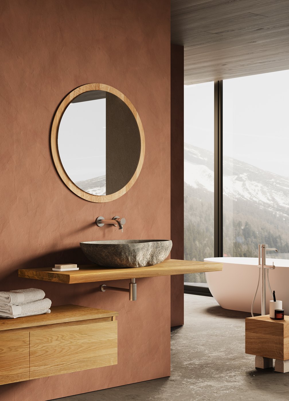 Arctic Waschtischplatte aus Wildeiche mit Acquastone Flussstein-Waschbecken vor terrakottafarbener Wand