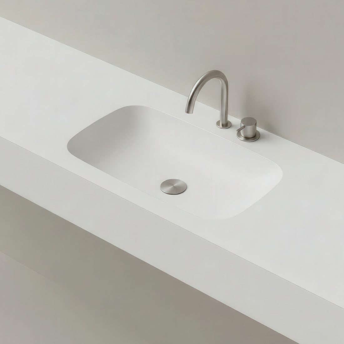 Beckentyp Velora - gerundete Beckenmulde aus weiß mattem Corian mit Edelstahlarmatur
