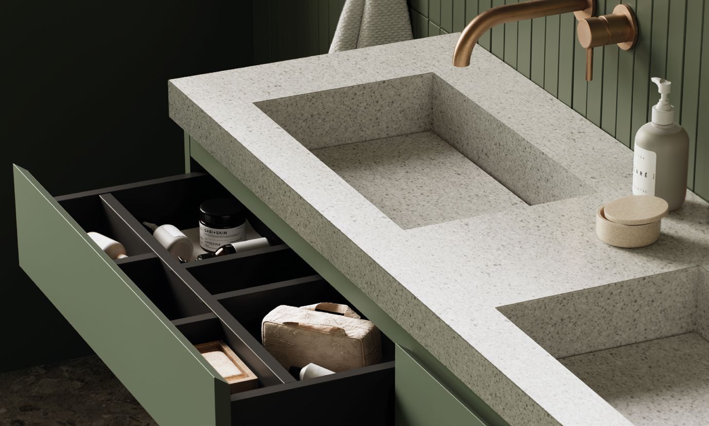 Made-for-You-Möbel in Sonderfarbe Salbeigrün mit Corian-Waschtisch und Facheinteilung