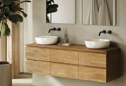 Serie Grand 160 in Wildeiche Authentic als Doppelwaschtisch mit zwei Aufsatzbecken